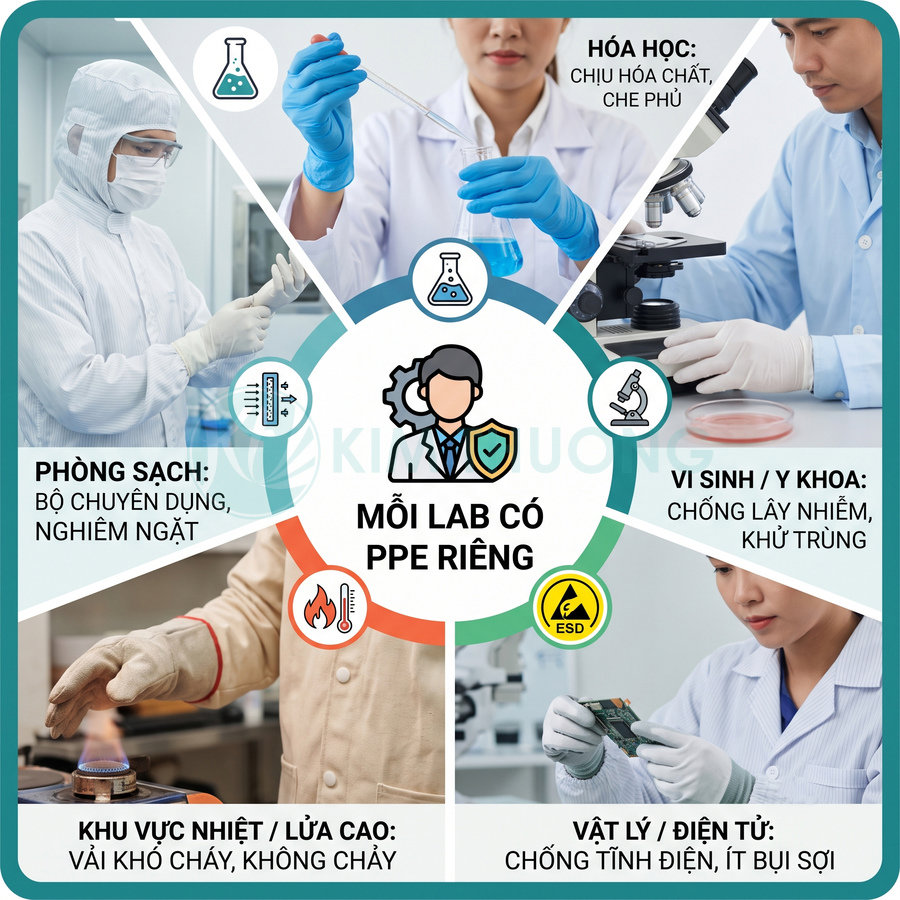 Trang bị PPE chuyên dụng cho từng loại phòng thí nghiệm: hóa học, vi sinh, phòng sạch, nhiệt cao và điện tử